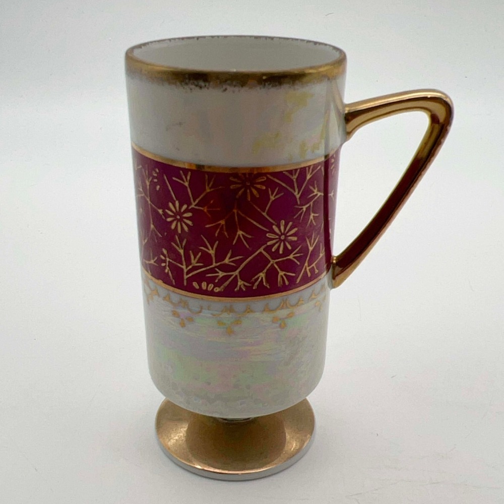 Vintage Norleans Japan Footed Tall‎ Glass Berry Vine Iridescent Gold Trim 4.5"